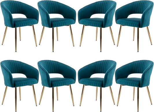 Modern Velvet Dining Chairs Set of 8, Upholstered Gold Dining Chairs with Hollow Back, Dining Room Chairs with Gold Legs, Accent Armrest Kitchen Chairs for Living Room Reception Teal Blue