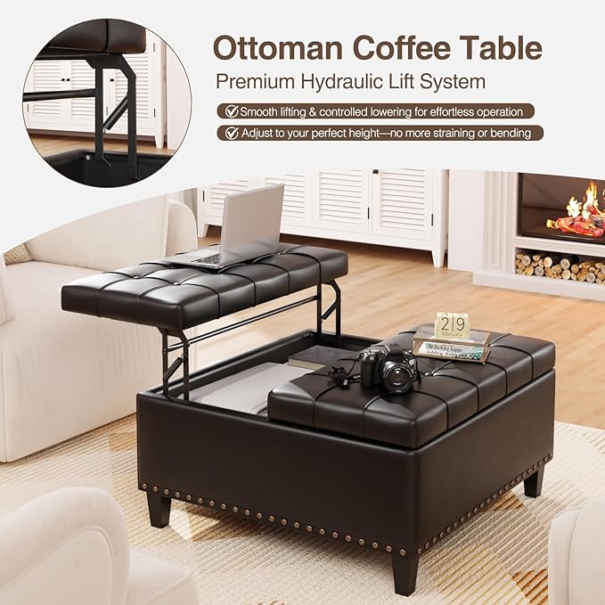 Square Leather Ottoman with Storage, Faux Leather Coffee Table with Lift Top,Large Upholstered Footrest Stool Toy Box Storage Bench for Bedroom Living Room, Black