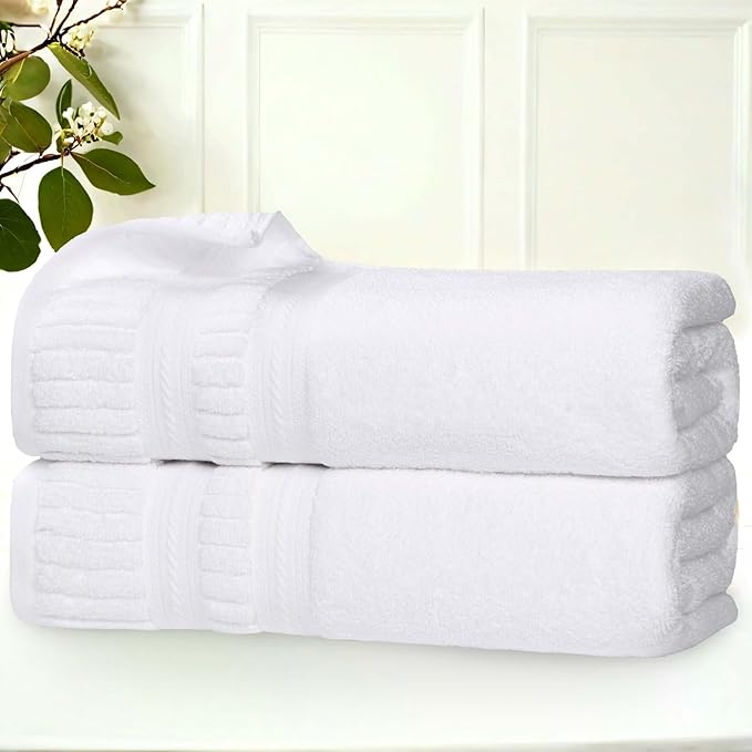Superior Venice Zero Twist Cotton Medium Weight Towels, for Guest Bath, Bathroom, Shower, Spa, Plush Towels, Bath Essentials, Ribbed Textured Border, Bath Towels, Set of 2, White