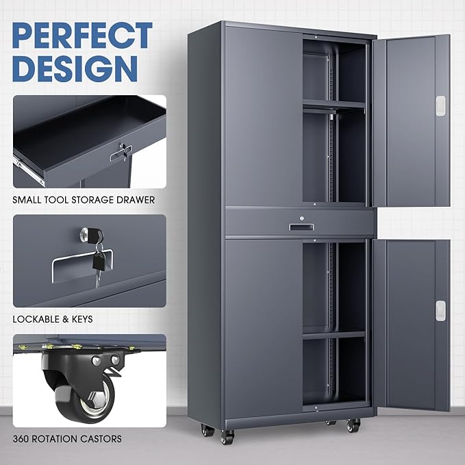 DNA Motoring 73'' Metal Storage Cabinet, Rolling Garage Cabinet with 1 Drawer and Adjustable Shelves, Lockable Heavy Duty Metal Locker for Garage,Office,Home,Gym, Gray, TOOLS-00630-GY-GY-A