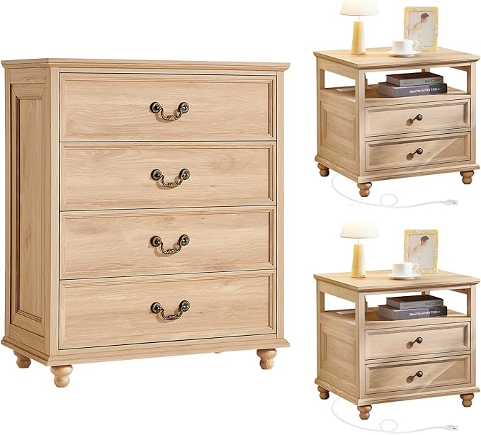 24" Wide Farmhouse Nightstand with Charging Station Set of 2, 37" Tall Rustic Chests of Drawers w/ 4 Solid Wood Feet, Farmhouse Furniture Series for Living Room,Bedroom,Wood