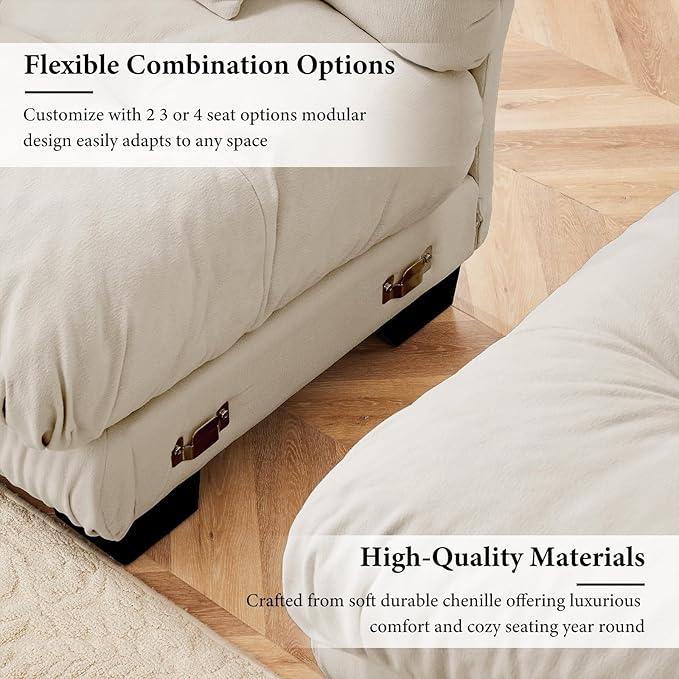 133.8" Oversized 3 Seater Modular Sectional Sofa, Beige Large Sectional Fluffy Couch Set, Chenille Cloud Couch with 5 Pillows, Deep Seat Sofas for Living Room