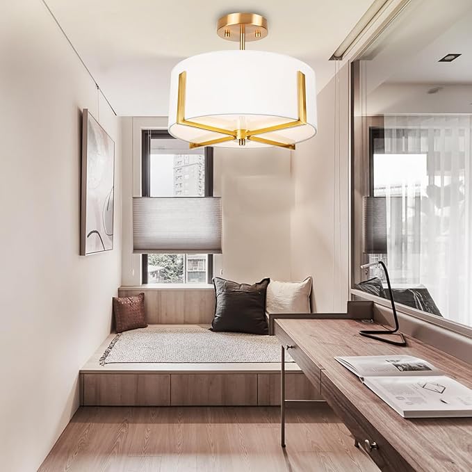 3-Light Semi Flush Mount Ceiling Light Fixture, 13.7" Gold Drum Light with White Fabric Shade, Modern Close to Ceiling Lamp for Living Room Bedroom Dining Room Kitchen Hallway Entry Foyer