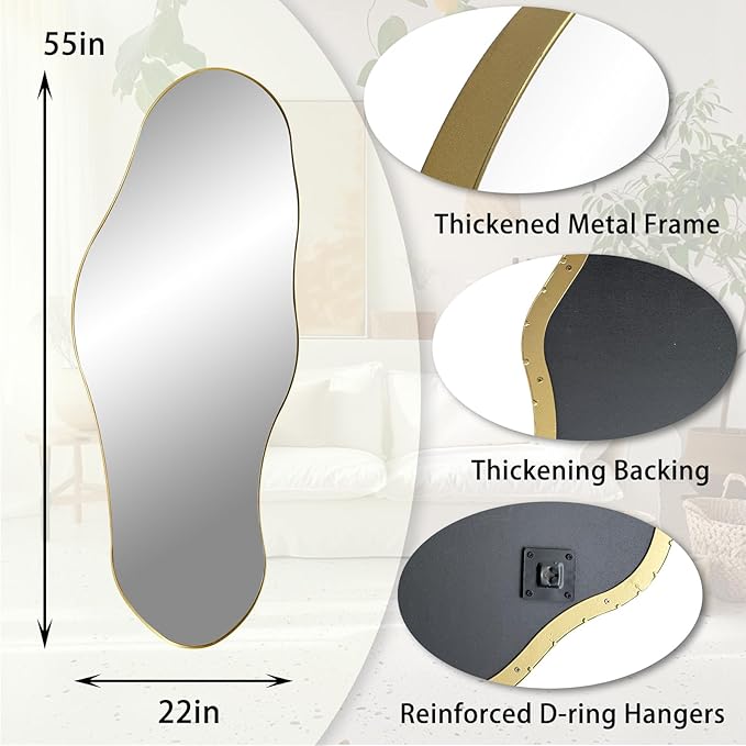 Large Asymmetrical Mirrors, 55"x22" Irregular Shaped Mirror, Gold Metal Frame Abstract Wall Mirror Decorative, Modern Funky Mirrors for Living Room Bathroom Bedroom Hallway Entryway Fireplace
