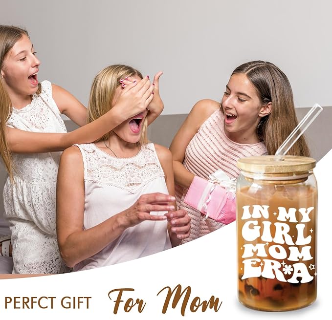 In My Girl Mom Era 16oz Glass Cup - Drinking Cup with Lid and Straw for Moms - Christmas & Mothers Day Gifts