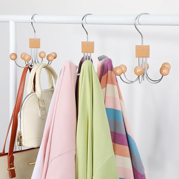 TOPIA HANGER Hoodie Hangers with 6 Wood Balls, Purse Hanger, Scarf Hanger, Wooden Closet Hooks, Handbag Organizer, Bra Hanger, Accessory Organizers for Scarf, Tanktop, Hat, Sweatshirt CT81N