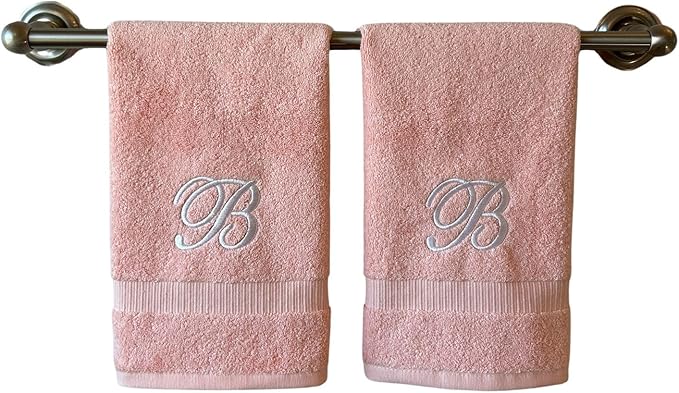 Pink Monogrammed Hand Towels for Bathroom - Luxury Hotel Quality Personalized Initial Embroidered Towel for Powder Room, Spa - GOTS Organic Certified - Set of 2 White Letter B