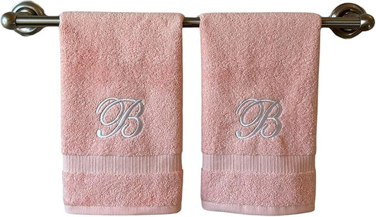 Pink Monogrammed Hand Towels for Bathroom - Luxury Hotel Quality Personalized Initial Embroidered Towel for Powder Room, Spa - GOTS Organic Certified - Set of 2 White Letter B