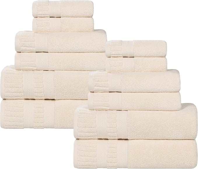 Superior Venice Zero Twist Cotton Medium Weight Towels, for Guest Bath, Bathroom, Shower, Spa, Plush Towels, Bath Essentials, Ribbed Textured Border, 12 Piece Assorted Towel Set, Ivory