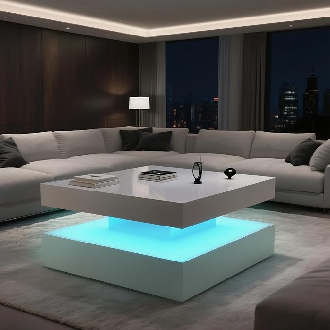 LED Coffee Table for Living Room, 2-Tier Modern Square Center Table with Music Sync Lights, High Gloss Surface, 30 3/4" x 30 3/4" (White)