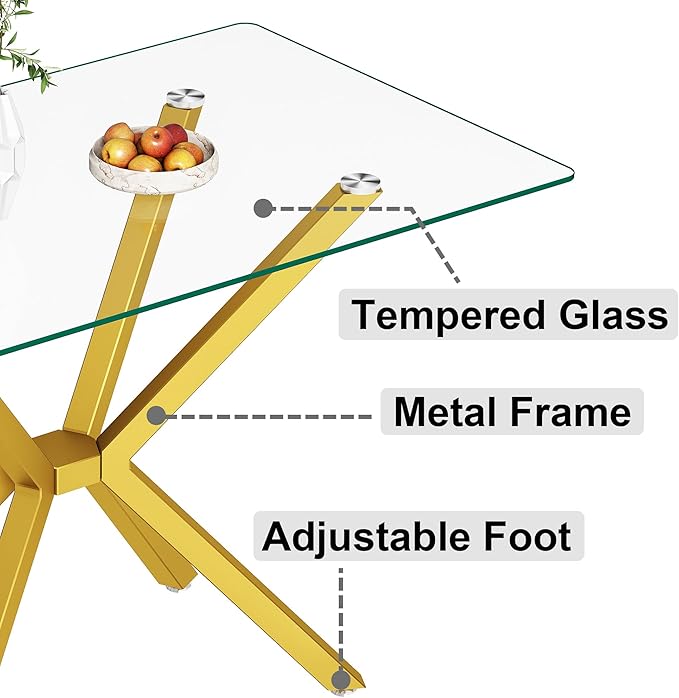 47.2" Glass Dining Table, Modern Kitchen Table for 4 People, Contemporary Rectangular Dining Room Dinner Tables with Clear Glass Top & Gold Metal X Legs for Kitchen Apartment
