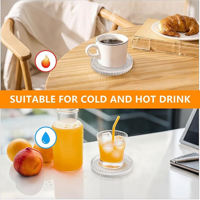 Round Modern Clear Coasters Set of 4, VIBRATITE 4 Inch Glass Cup Coaster Modern Crystal Coasters for Drinks Coffee Office Bar Kitchen Home Wedding Party Decor (Clear)