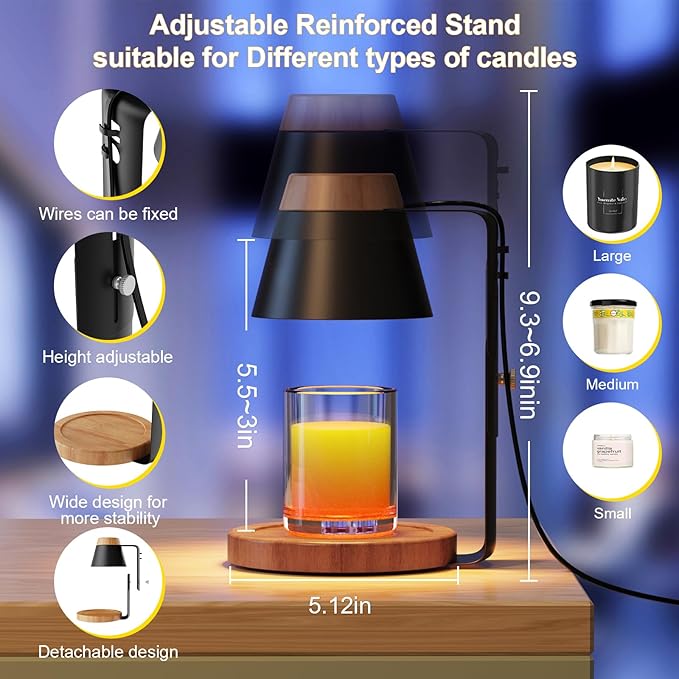Candle Warmer Lamp with Timer, Stepless Dimmable Candle Lamp Warmer, Electric Candle Warmer Adjustable Height, Wax Warmer for Scented Wax with 2 Bulbs, for Festival&Home Decor (Black Mini)
