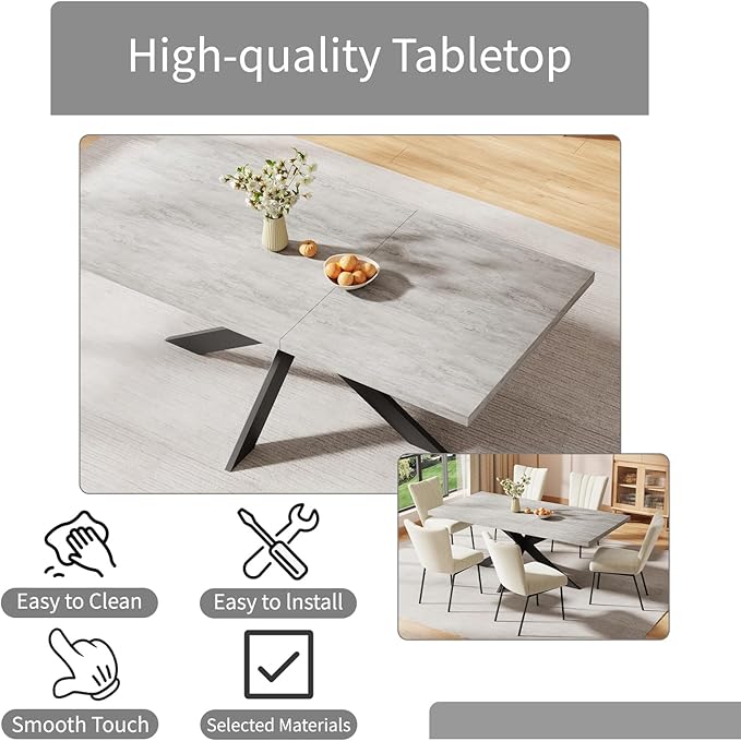 ZckyCine 6-8 Person Modern Rectangular Dining Table Set with 6 Chairs, Expandable Kitchen Table (51 to 63 Inches), Space-Saving Design, Metal Frame, Gray Tabletop & White PU Leather Chairs