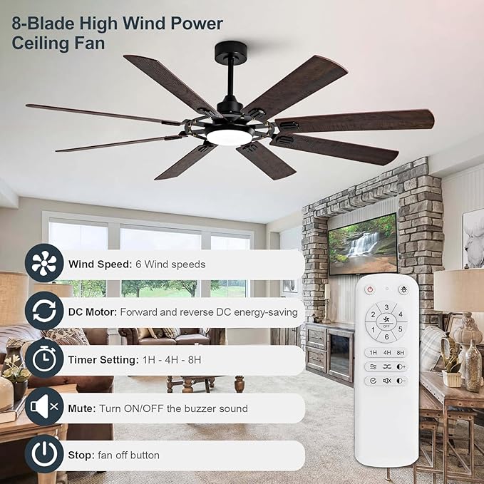 BOOMJOY Dimmable 72 Inch Black Outdoor Ceiling Fans with Lights and Remote Control, 8 Blades Large Outdoor Ceiling Fans for Patios,Big Bedroom Ceiling Fan for Indoor Living Room
