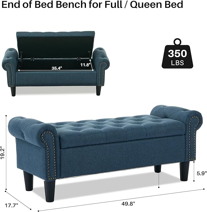 Storage Bench, 50" Queen End of Bed Bench, Linen Tufted Button Upholstered Bedroom Bench, Storage Ottoman with Rolled Arms, Window Bench with Storage, for Living Room, Entryway Dark Blue