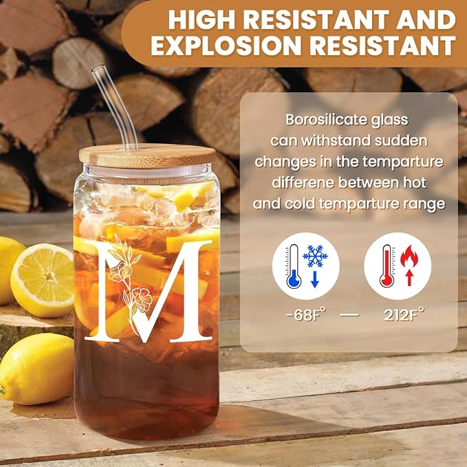 SANDJEST Monogrammed Gifts for Women - Monogram M Initial Glass Cup 16 Oz Can Coffee Cups with Lid and Straw - Monogram Initials Gifts for Womens on Birthday