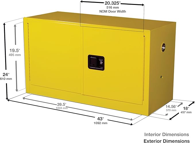 Justrite 17 Gallon Manual Close Piggyback Flammable Storage Cabinet, 18 Gauge Steel, 1 Shelf, 2 Door Fire Cabinet, 24" x 43" x 18", Made in The USA, Yellow, 891700