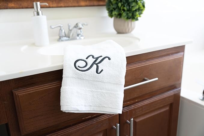 White Monogrammed Hand Towels for Bathroom - Luxury Hotel Quality Personalized Initial Embroidered Towel for Powder Room, Spa - GOTS Organic Certified - Set of 2 Dark Gray Letter K
