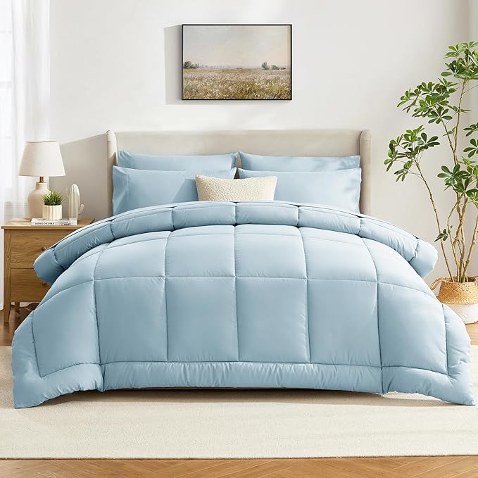 CozyLux King Size Comforter Set Light Blue, 7 Pieces Bed in a Bag, Blue Comforter King Size, All Season Bedding Sets with Stitch Quilted Comforter, Flat Sheet, Fitted Sheet, Pillowcases