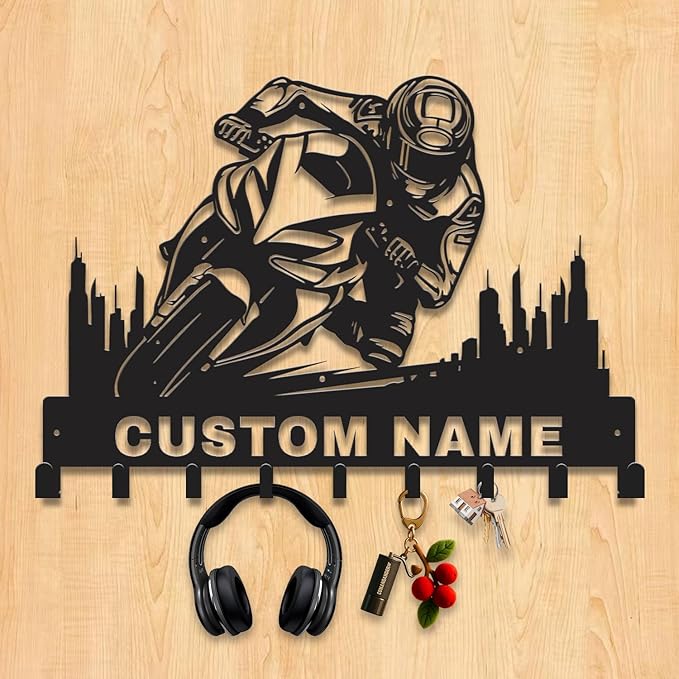 Personalized Motorcycle Metal Key Holder, Custom Last Name Metal Wall Sign, Hanging Storage Rack for Garage and Home Decor (Style-5)