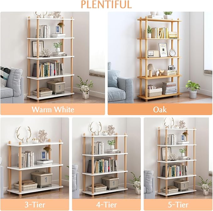 IOTXY 5-Tier Wooden Shelf Bookcase - Modern Open Bookshelf, Free Standing Storage Rack, Multifunctional Display Stand for Home and Office, White, Rectangle