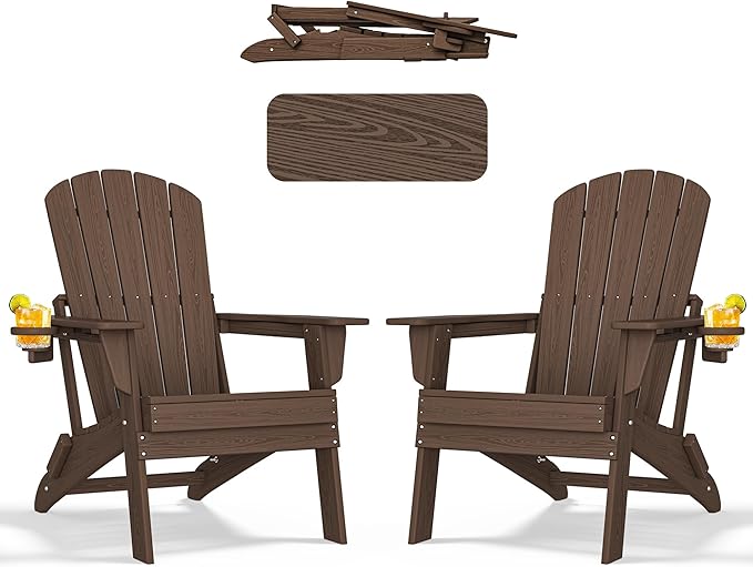 nevilywood Folding Adirondack Chair with Cup Holder Set of 2, HDPE Patio Chairs,All-Weather Outdoor Chairs for Backyard, Deck,Fire Pit-Coffee