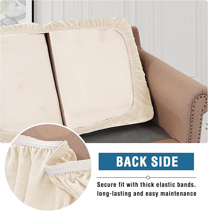 H.VERSAILTEX Stretch Chenille Couch Cover 2 Cushion Sofa Thick Slip Covers for Sofas/Couches 2 Cushions Non-Slip Couch Covers for Sofa Pets with Elastic Bottom(2 Seater Loveseat Cushion Cover,Beige)