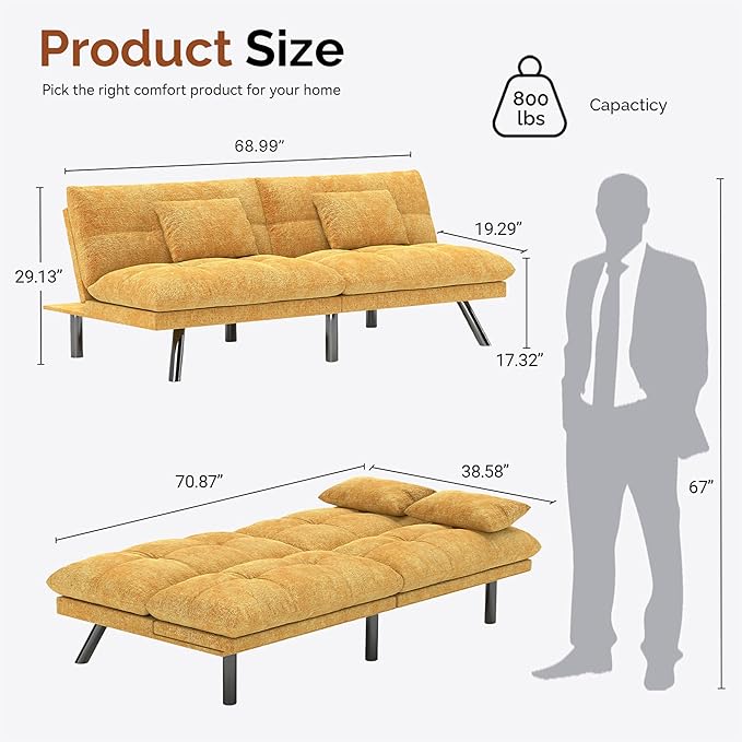 Futon Sofa Bed Convertible 70 inch Solid Wood Couch for Living Room, Chenille Fabric, 2 Cushions (Caramel Orange)