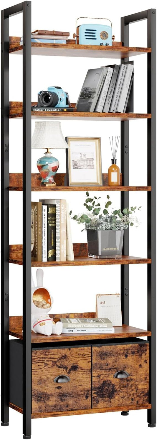 Furologee 6-Tier Bookshelf, Tall 71" Rustic Bookcase with 2 Drawers Storage Organizer, Industrial Display Free Standing Shelf Units, Wood and Metal Storage Rack for Home Office, Bedroom, Rustic Brown