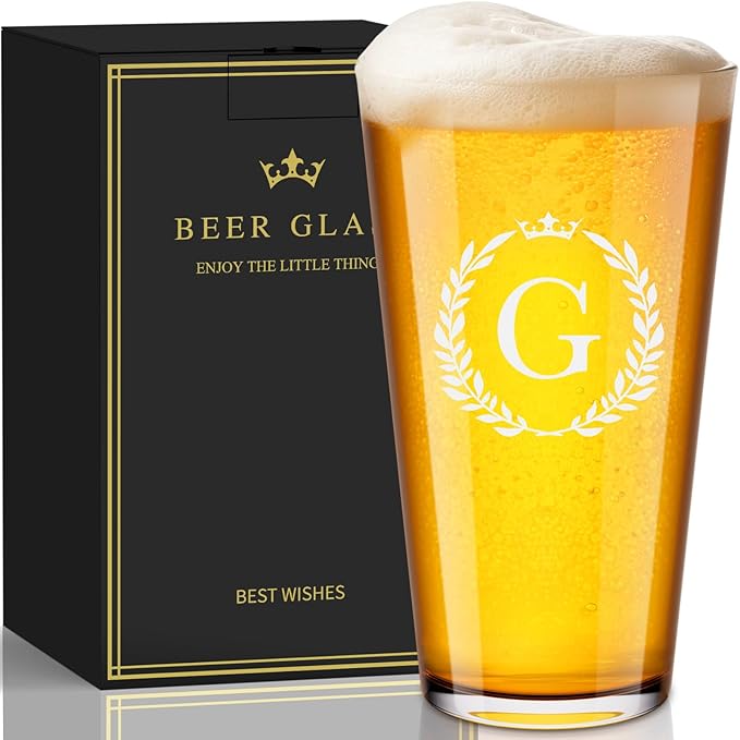 Personalized Beer Glasses Gifts for Men, 16 oz Pint Glasses Monogrammed A-Z Drinking Glass Cups Customized Gift, Unique Christmas Anniversary Birthday Gifts for Men Him Dad Brother Husband Grandpa (G)