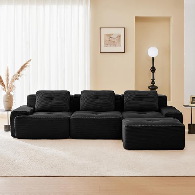 115" Modern Corduroy Cloud Sofa with Ottoman, L Shaped Boneless Modular Large Sectional Couches for Living Room, Black 3 Seater Compressed Memory Foam Couch, Extra Deep Seat, No Assembly