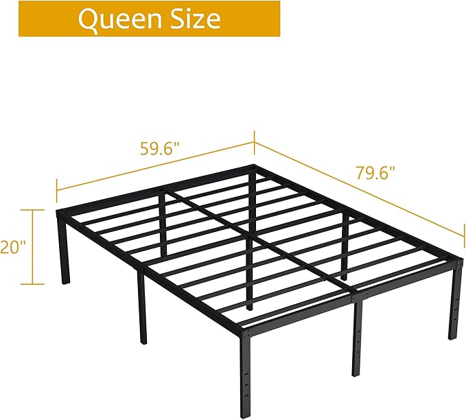 20 Inch Queen Bed Frame No Box Spring Needed, Heavy Duty Metal Queen Platform Bed Frame Support Up to 3000 lbs, Easy Assembly, Noise Free, Black