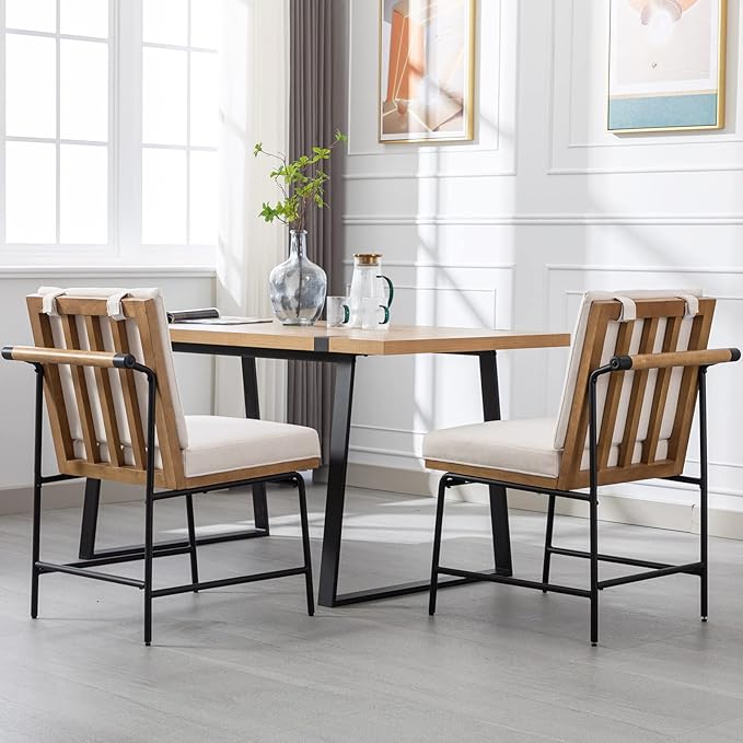DUOMAY Mid-Century Modern Dining Chairs Set of 6, Linen Upholstered Side Chair with Rear Handle, Armless Chair with Metal Legs for Kitchen Dining Room Living Room Vanity, White