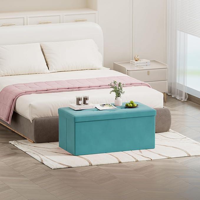 BRIAN & DANY Folding Storage Ottoman Bench, Ottoman with Storage, Foot Rest, Benches Seat for Bedroom, Living Room, Entryway, Long Shoes Bench, 15.7" x 31.5" x 15.7" Teal
