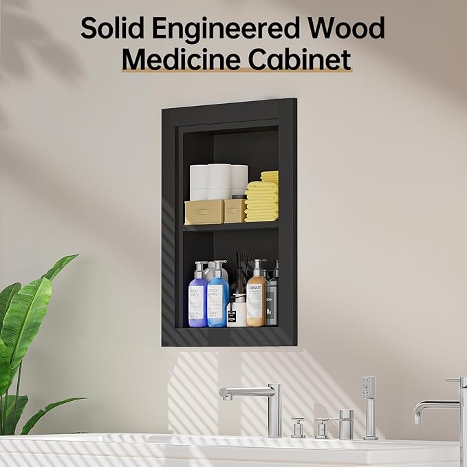 Recessed Medicine Cabinet, 14x18 Wood Recessed Wall Niche Medicine Cabinet Replacement, Water-Proof Wall Niche for Bathroom/Hallway, Black