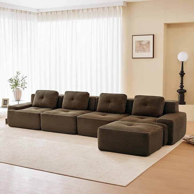 150" Modern Corduroy Cloud Sofa with Ottoman, L Shaped Boneless Modular Large Sectional Couches for Living Room, Brown 4 Seater Compressed Memory Foam Couch, Extra Deep Seat, No Assembly