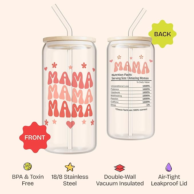KLUBI Mama Gifts for Mothers Day from Daughter - Mom Glass Tumbler 16 Ounce Mama Cups Tumbler with Straw - Birthday Gift for Mom Iced Coffee Glass Nutritional Facts