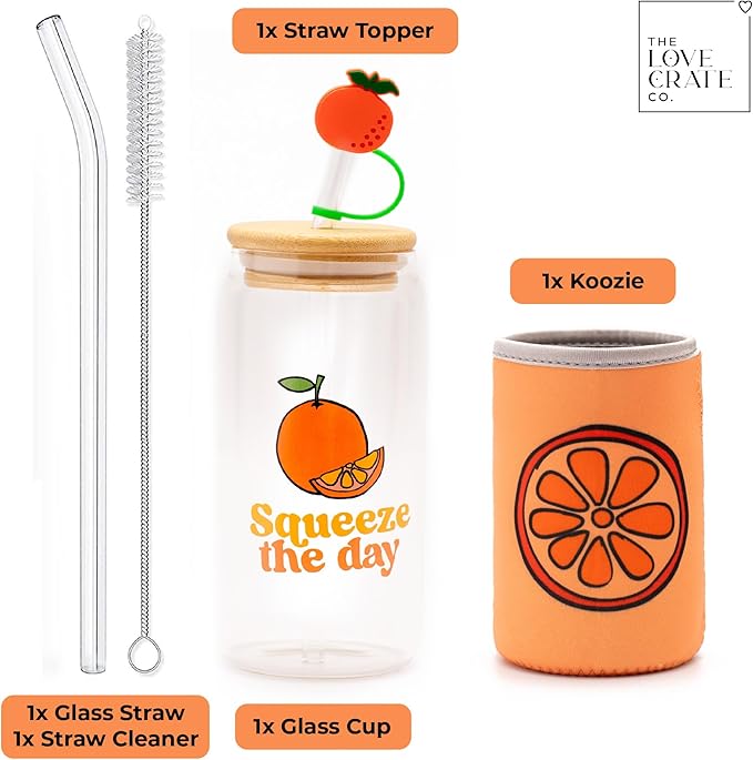 Orange Gifts for Women - Glass Tumbler with Lid and Straw, Customized Straw Stopper and Cup Sleeve. Aesthetic Unique Design Iced Coffee Gift Cup for Mom, Teacher, Friend