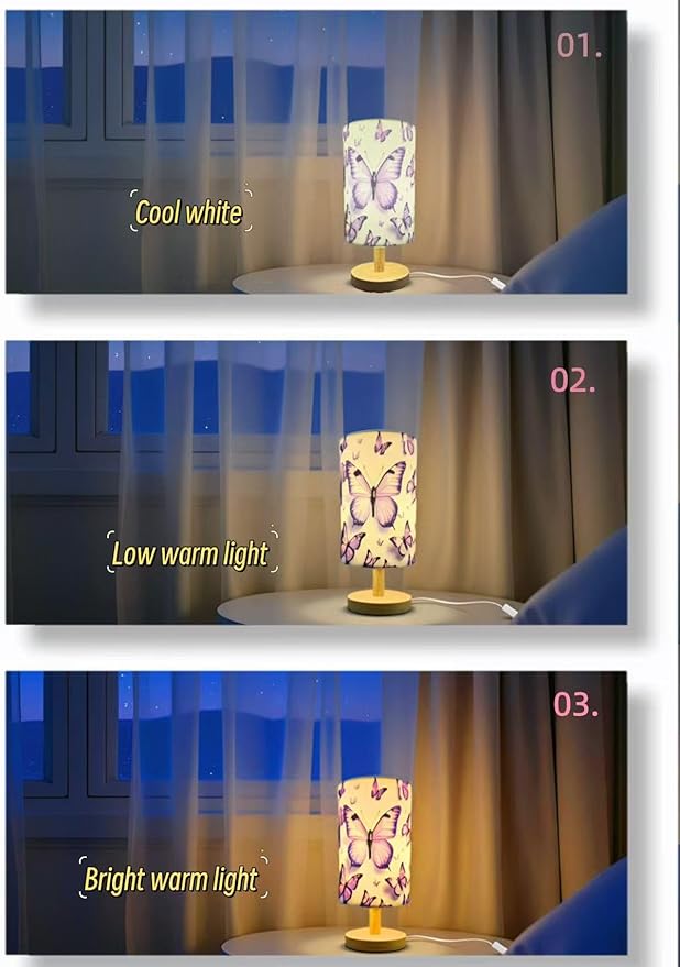 Butterfly Lamp, Butterfly Lamps for Girls Bedroom,3 Color Night Light Wood Nightstand Desk Base Flaxen Fabric Shade for Bedroom Living Room, Butterflys Lovers Gifts, LED Bulb Included（purple lamp）