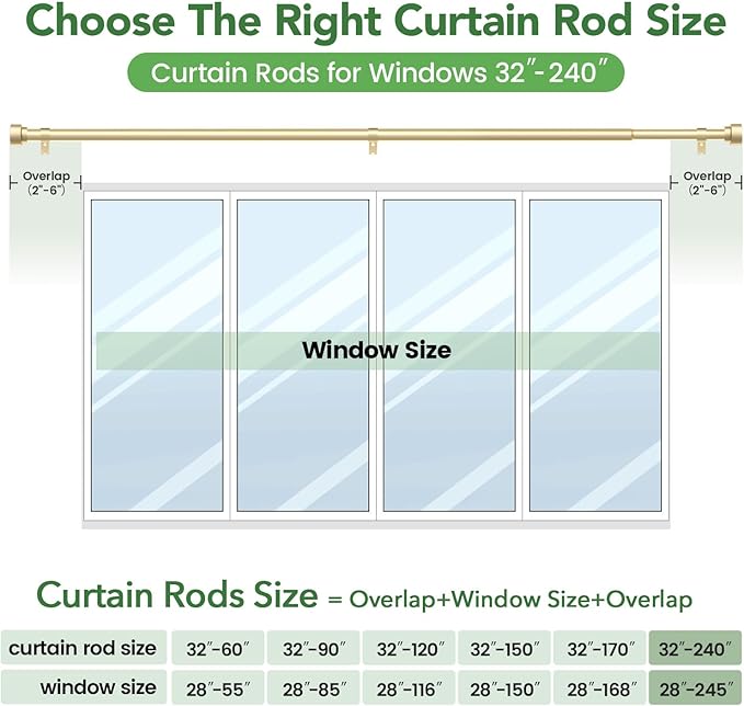Curtain Rods for Windows 32 to 240, 1 Inch Adjustable Gold Heavy Duty Long Window Curtain Rod, Modern Outdoor Drapery Rods with Simple End Caps, Size 32"-240"