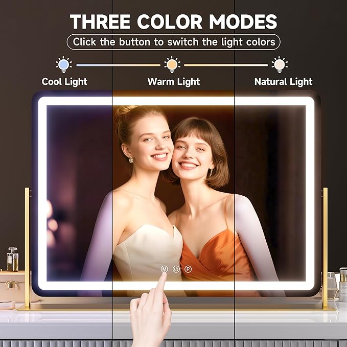 Hasipu Vanity Mirror with Lights, 25" x 21" LED Makeup Mirror, Light up Mirror with 10X Magnification and Phone Holder, USB Charging Port, Smart Touch 3 Colors Dimmable, 360° Rotation (Gold)