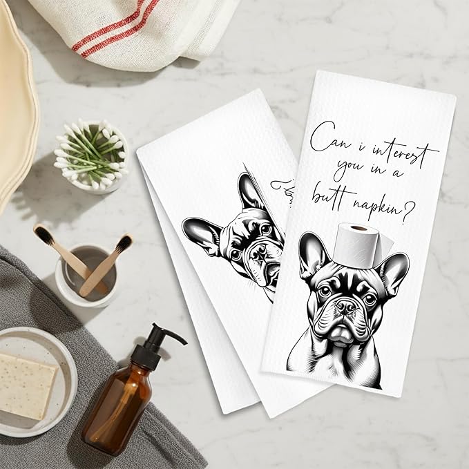 Funny French Bulldog Hand Towels, Frenchie Dog Bathroom Decor, Gifts for French Bulldog Lovers Decorative Hand Towels for Bathroom Washroom Restroom Toilet, 16x24 Inch Set of 2