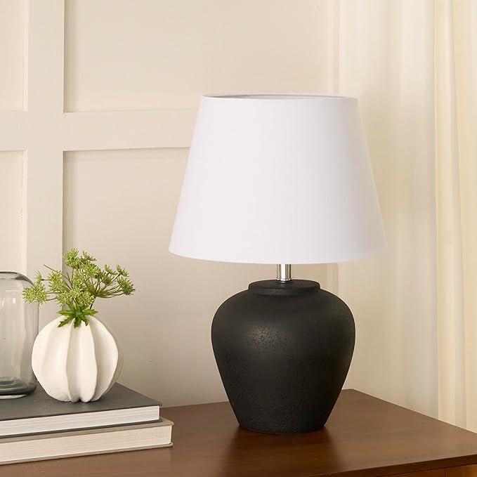 Nourison Home 20" Black Ceramic Pot Table Lamp for Bedroom, Living Room, Console, Entryway