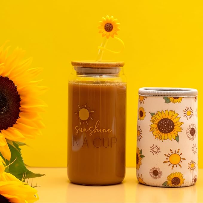 Sunflower Gifts for Women - Glass Tumbler with Lid and Straw, Customized Straw Stopper and Cup Sleeve. Aesthetic Unique Design Iced Coffee Gift Cup for Mom, Teacher, Friend