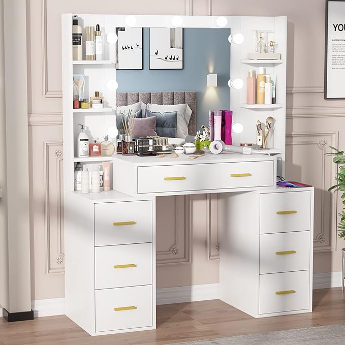 PAKASEPT Vanity Set with Lighted Mirror, 43'' Makeup Vanity with Charging Station, Vanity Desk with 9PCS LED Bulb, Storage Shelves, 7 Drawers for Bedroom(No Stool)