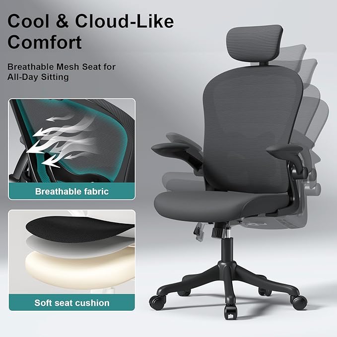 Mesh Office Chair with Adjustable Lumbar Support and Headrest, Ergonomic High Back Task Chair for Home Office, Flip-Up Arms 90-120° Tilt Lock Rolling Swivel Work Chairs(Black6065)