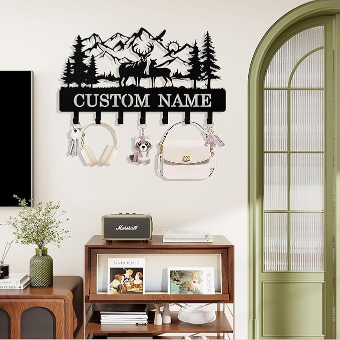 Personalized Deer Forest Key Holder Wall Mount, Custom Metal Keys Hanger for Wall with Name, Custom Key Rack Holder with Hooks for Entryway, Front Door, Hallway, Living Room, Kitchen