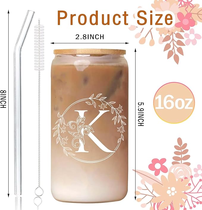 Personalized Birthday Gifts for Women Initial Glass Cup with Engraving Cup Lid Unique Monogrammed Presents Customized Gifts for Women Personalized Presents Presents for Her Mom Friend Birthday