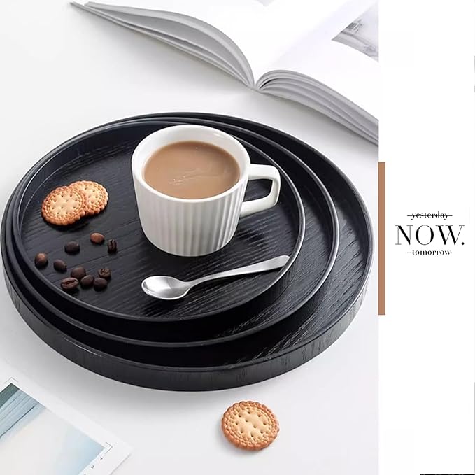 Round Wood Serving Tray, Solid Wooden Decorative Tray Non-Slip Tea Coffee Table Tray Snack Plate Food Meals Serving Tray with Raised Edges for Home Decor Kitchen Restaurant (9.5inch, Black)